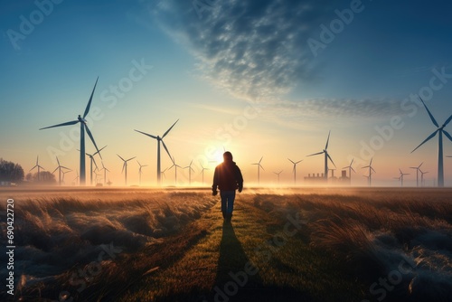 Person walking on a path among a field of wind turbines at sunset