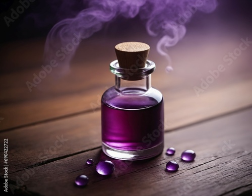 Potion vial with mysterios purple fluid, smoke around