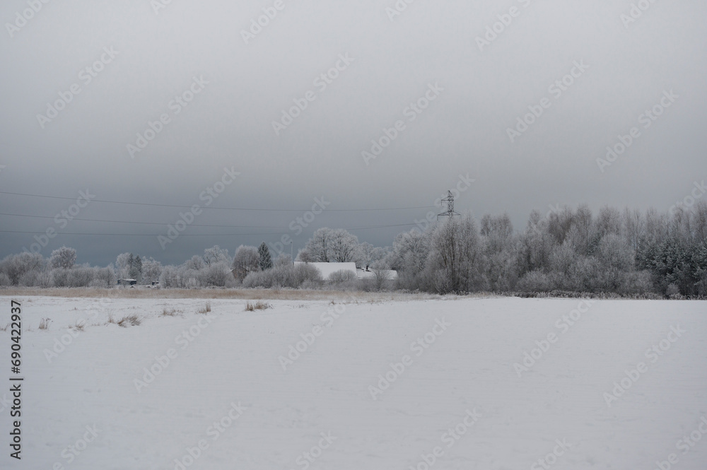Minimalistic winter scene with frost covered forest and field in countryside