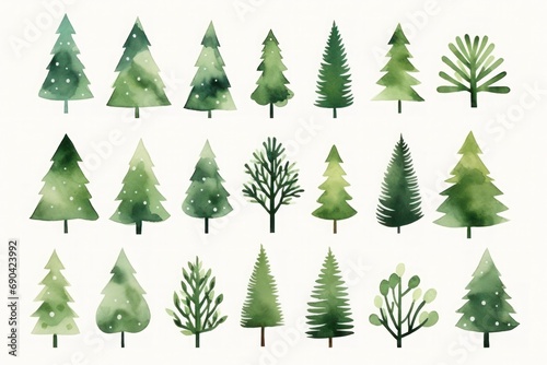watercolor set of christmas trees on white background