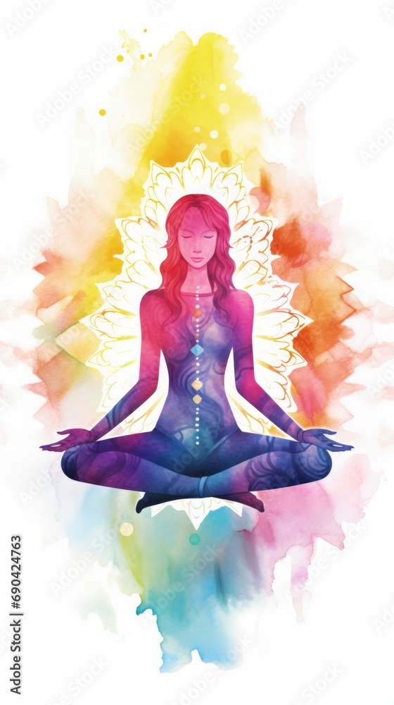 Vibrant meditation silhouette with chakras and a multi-colored aura in a watercolor explosion of hues.