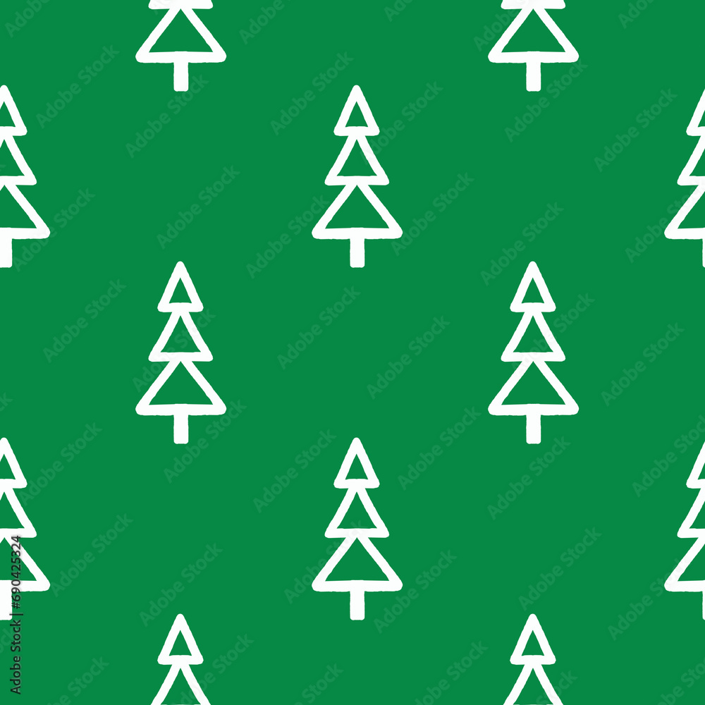 Fototapeta premium Christmas background with green trees on a white background. Seamless pattern.For textiles, gift wrapping.