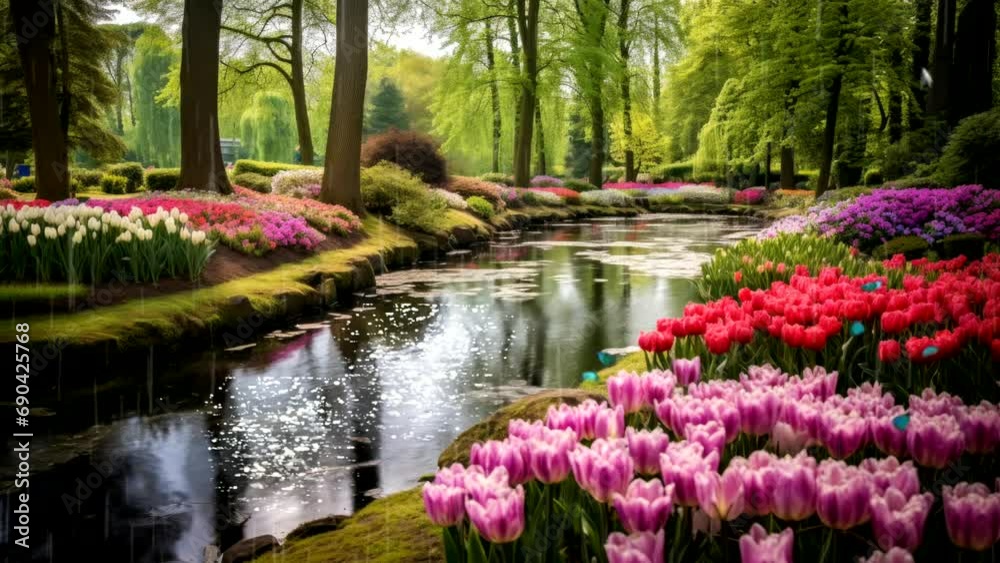 Beautiful scenery garden with colorful flowers of  river in forest.  seamless looping virtual time-lapse video animation background.