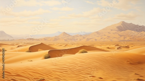 Desert landscape with golden sand dunes and stones illustration.