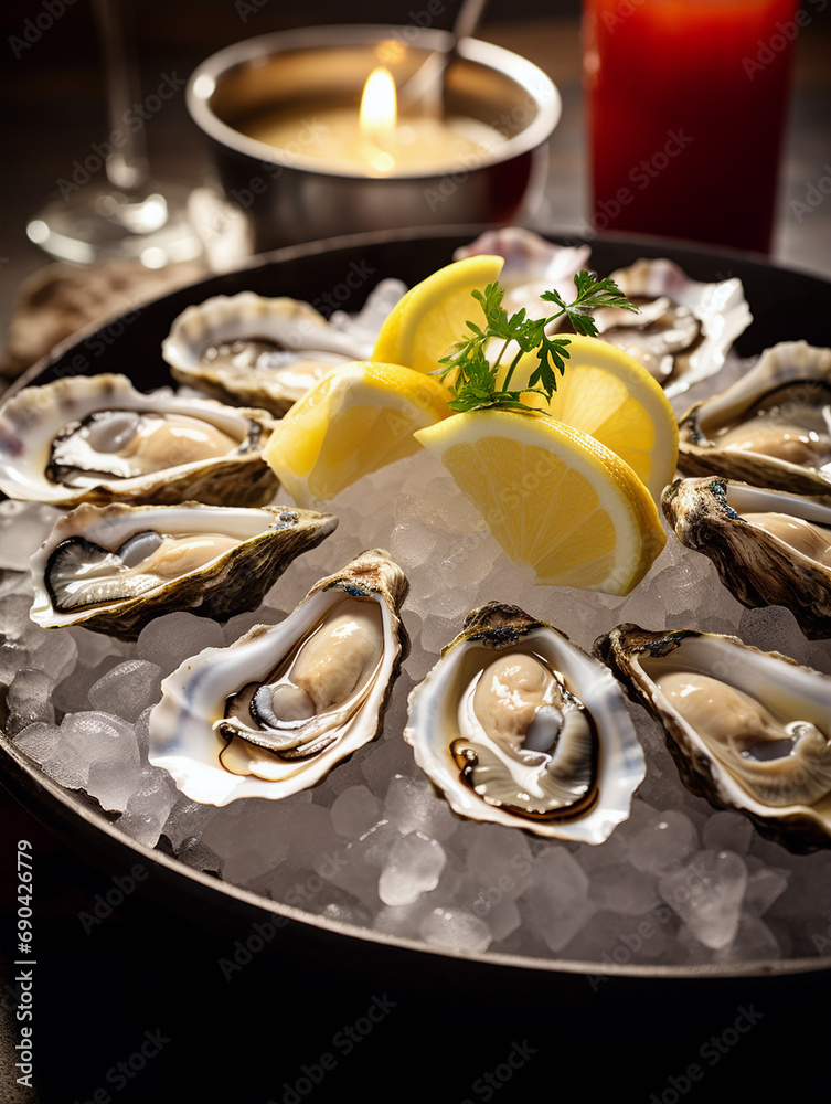 A platter of freshly shucked oysters on a bed of ice, with lemon wedges and cocktail sauce 