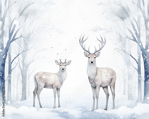 winter watercolor animals - deers