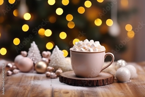 a cup of hot chocolate with marshmallows on top with christmas decorations next to it on a wooden table with bokeh background