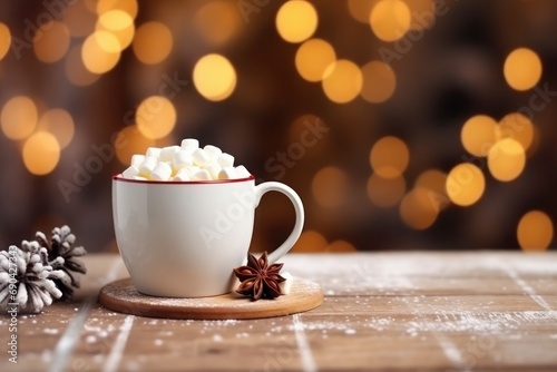 a cup of hot chocolate with marshmallows on top on a wooden table with bokeh blurry background