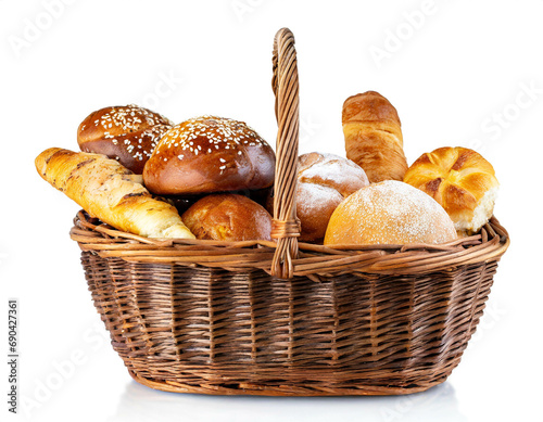 basket with baked goods isolated on white background, cut out