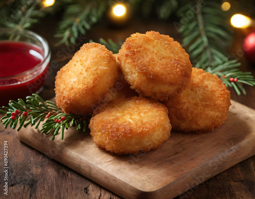 Christmas Chicken McNuggets on a wooden board. photo