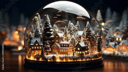 Winter Wonderland: Christmas-Themed Snow Globe with Town and Pine Trees