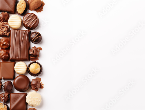 Various delicious chocolates isolated on white background with copy space. Generative AI