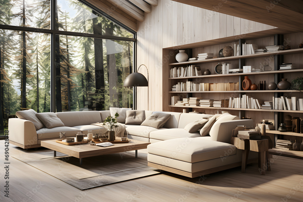 Scandinavian interior design of modern spacious living room. ai generated