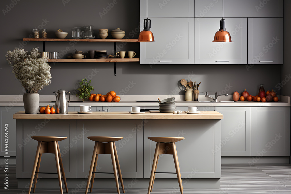 Modern scandinavian kitchen design with island and decor, ai generated