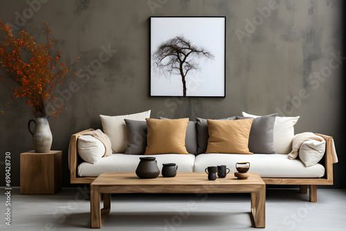 Interior of modern living room with white sofa, wooden coffee table, plant in vase, mock up poster. ai generated