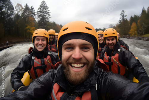 group of friends on a river rafting adventure taking a selfie, outdoor sport concept . ai generated