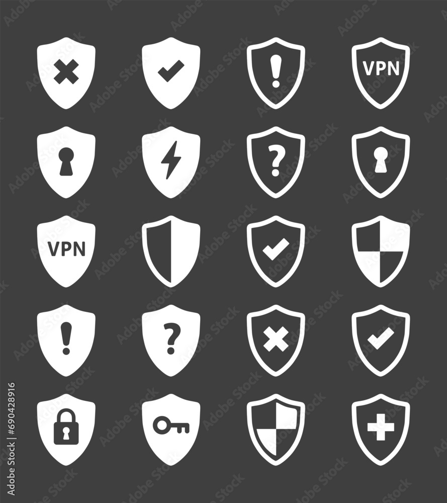 Shield icon set. Flat vector illustration. Black background. Shield icon set. Flat vector illustration. Black background.
