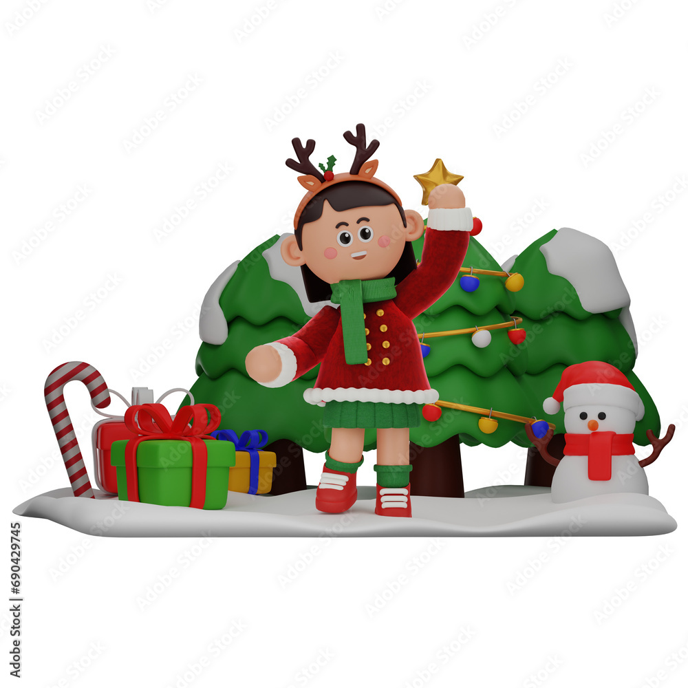 Naklejka premium 3d girl cartoon christmas Congrats pose isolated on transparent background