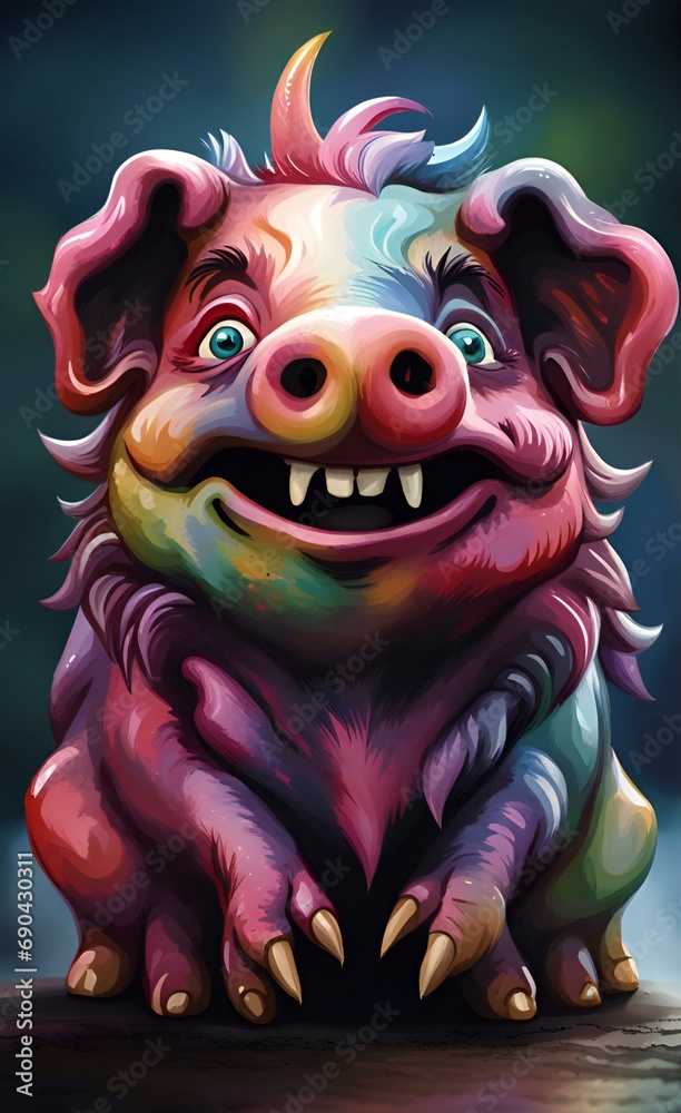 painting of a colorful pig with a big smile on its face.