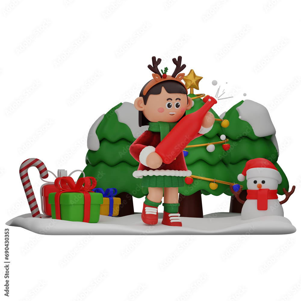 Naklejka premium 3d girl cartoon christmas Holding Champagne pose isolated on transparent background