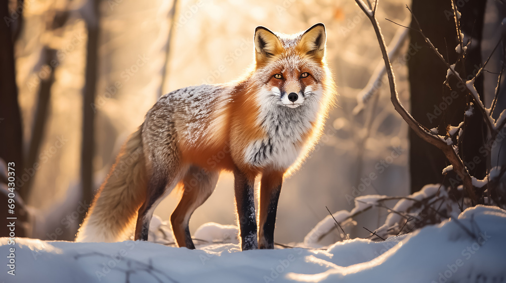 Wild red fox in a snowy winter forest.