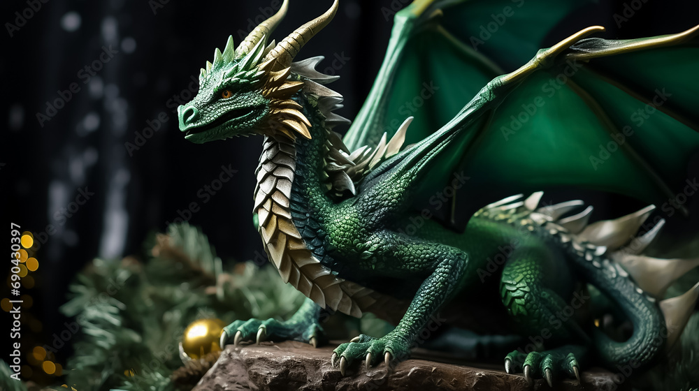 Obraz premium The symbol of 2024 is the Chinese green dragon. Background for New Year's winter postcard.