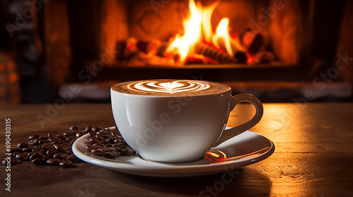 A cup of hot aromatic coffee against the backdrop of a burning fireplace  coffee beans scattered around. Cozy evening mood of a country house.