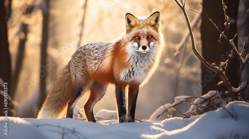 Wild red fox in a snowy winter forest. © Victoria