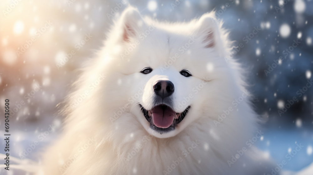 Fototapeta premium Beautiful cute white Samoyed dog in a snowy winter forest.