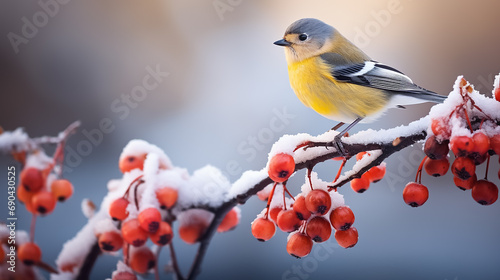 A cute little tit sits on a branch with red berries in a snowy winter forest.