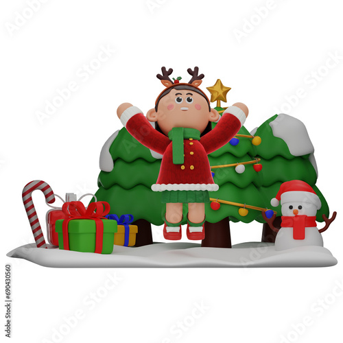 3d girl cartoon christmas Jumping pose isolated on transparent background