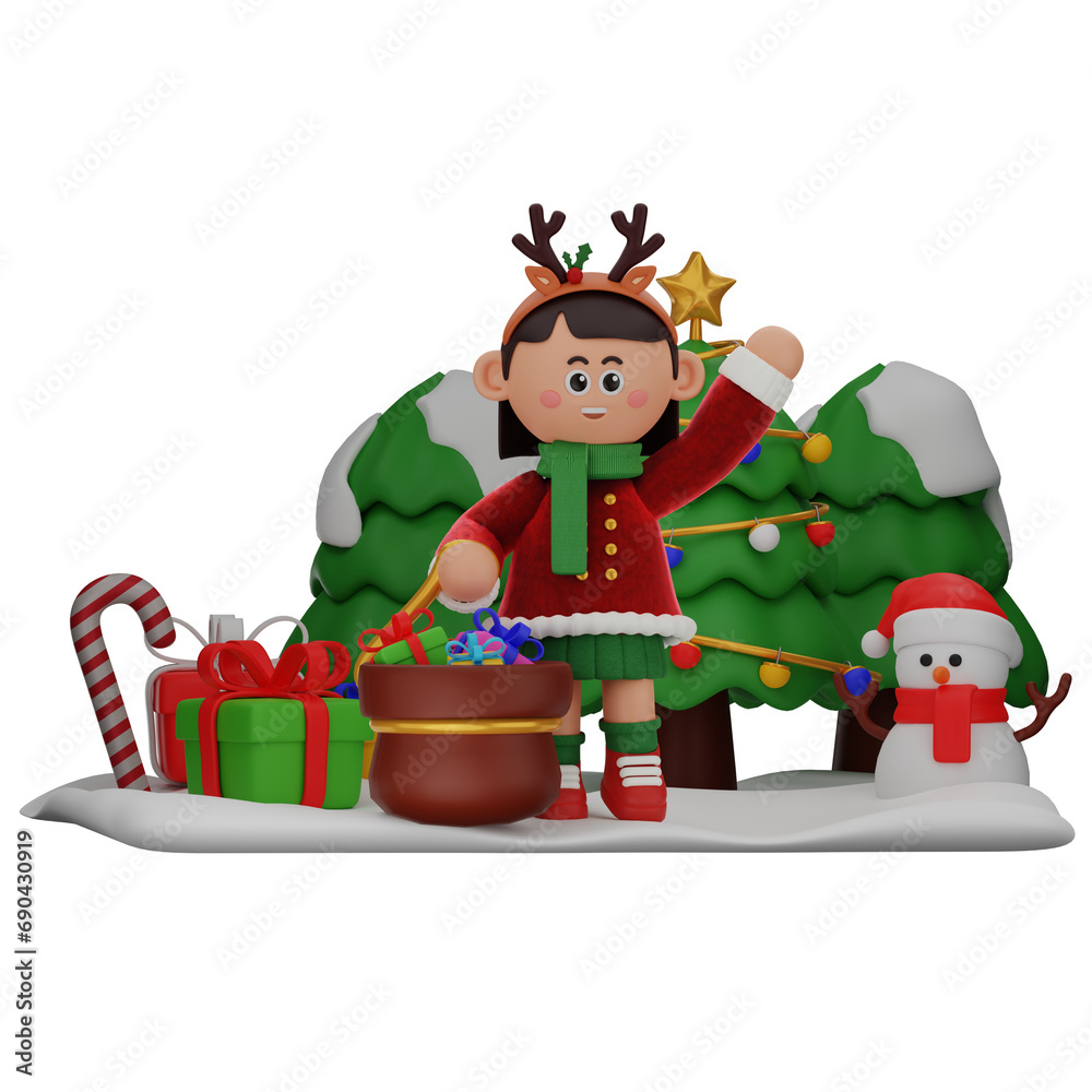Naklejka premium 3d girl cartoon christmas Say Hi with Sack of Gifts pose isolated on transparent background