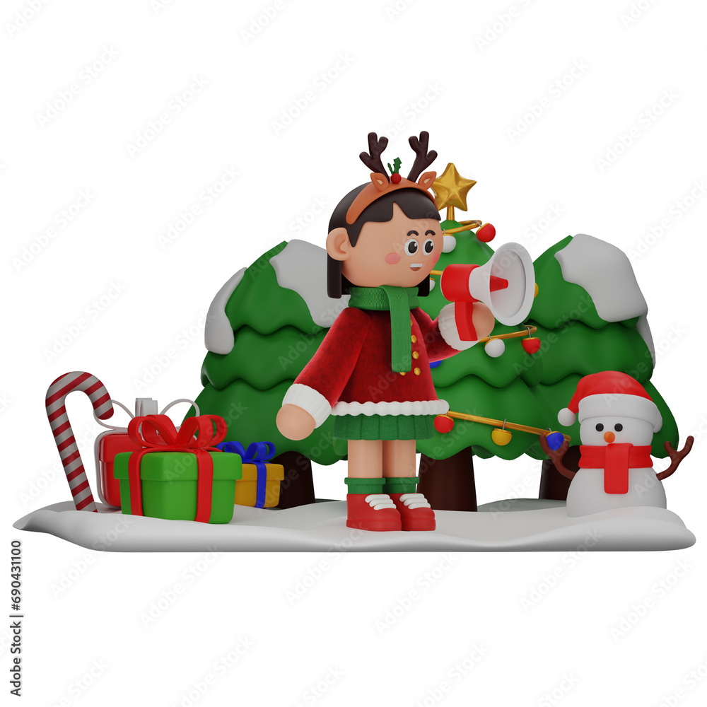 Naklejka premium 3d girl cartoon christmas Speaking On A Megaphone pose isolated on transparent background