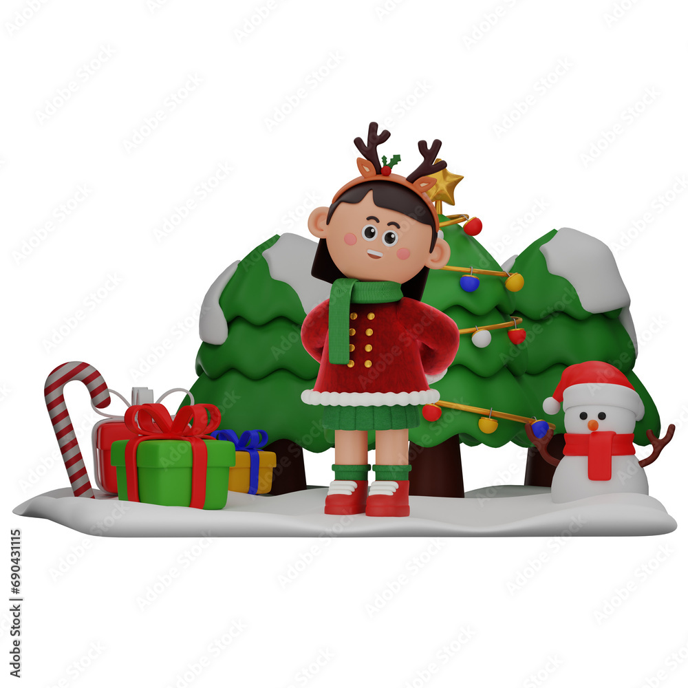 Naklejka premium 3d girl cartoon christmas Stand pose isolated on transparent background