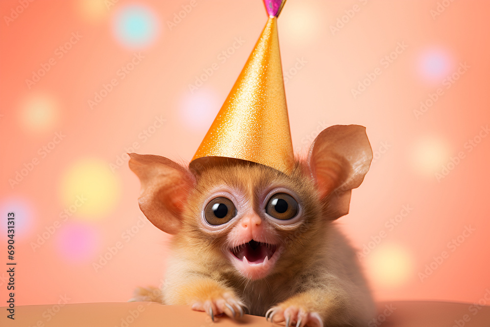 Fototapeta premium Cheerful tarsier with a shiny golden hat against a bokeh backdrop