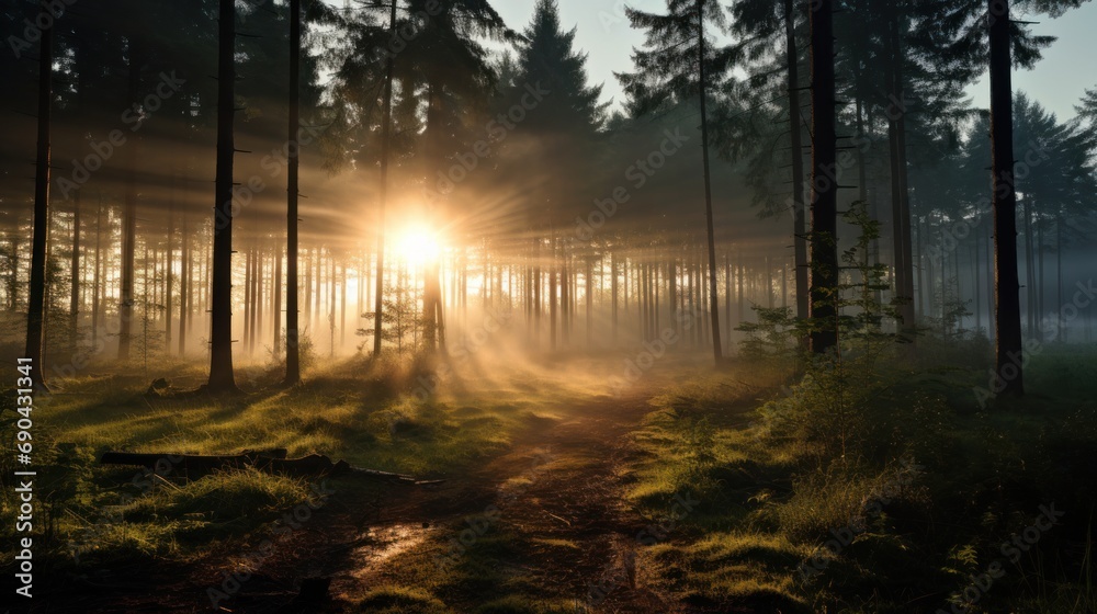 Beautiful morning mist over a wide angle lens of realistic light forest. Beautiful morning mist over a wide angle lens of realistic light forest.