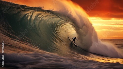 A Surfer Riding a Massive Wave at Sunset © sirisakboakaew