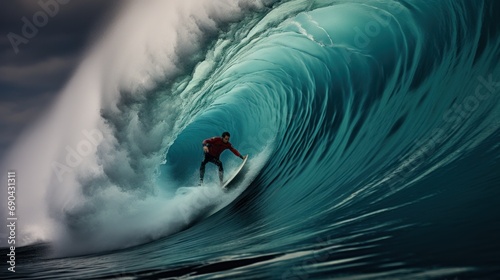 A Surfer Riding a Massive Wave at Sunset © sirisakboakaew