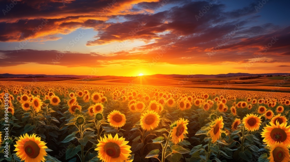 Obraz premium Beautiful sunset over sunflowers field