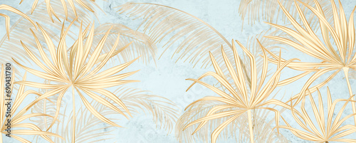 Abstract luxury blue art background with tropical palm leaves hand drawn in line style. Botanical banner with exotic plants for wallpaper, decor, print, interior design.