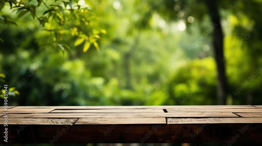 Empty old wooden table with green nature background Empty old wooden table with green nature background
