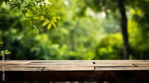 Empty old wooden table with green nature background