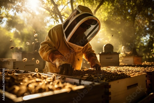 Honey Harvest. Beekeeper Collecting Honey from Hive Frames