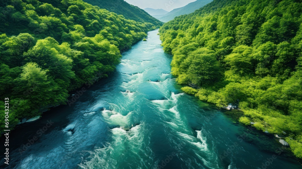 Natural river between forests - bird's eye view Natural river between forests - bird's eye view