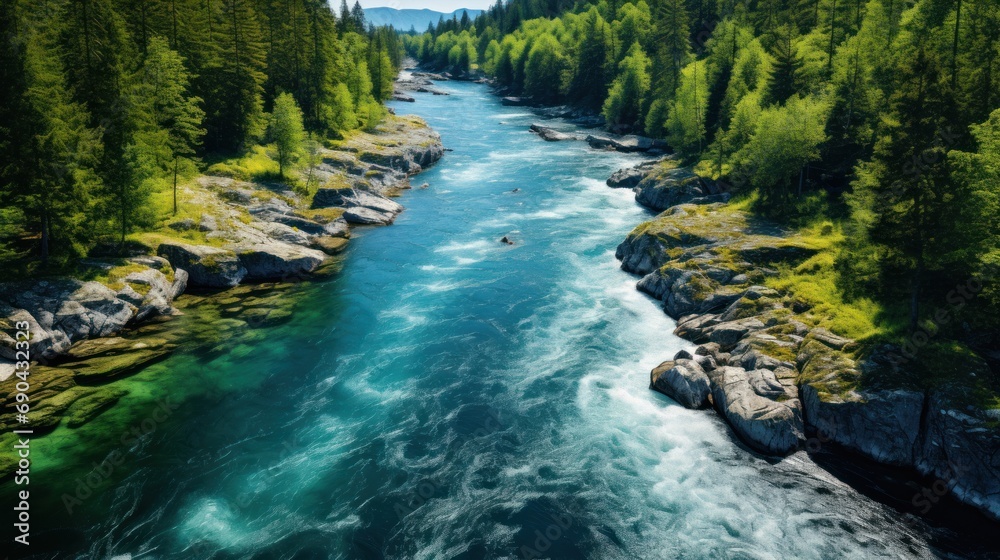 Natural river between forests - bird's eye view Natural river between forests - bird's eye view