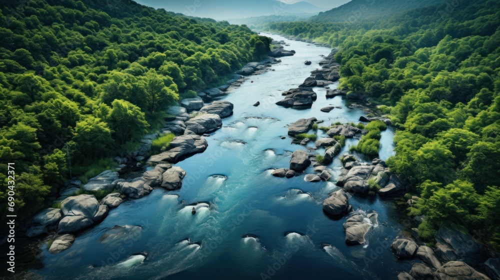 Natural river between forests - bird's eye view Natural river between forests - bird's eye view