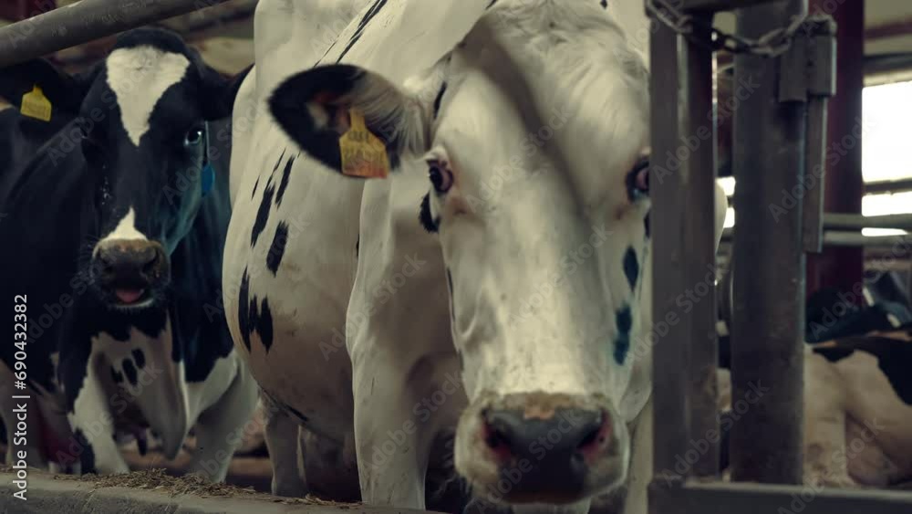 A purebred white cow with black spots walks into the chamber chewing on animal feed, hay and other mixtures. Cow house, grass, cow on a dairy farm, eating hay. sniffs the camera. 4k A purebred white cow with black spots walks into the chamber chewing on animal feed, hay and other mixtures. Cow house, grass, cow on a dairy farm, eating hay. sniffs the camera. 4k