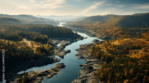 Natural river between forests - bird's eye view