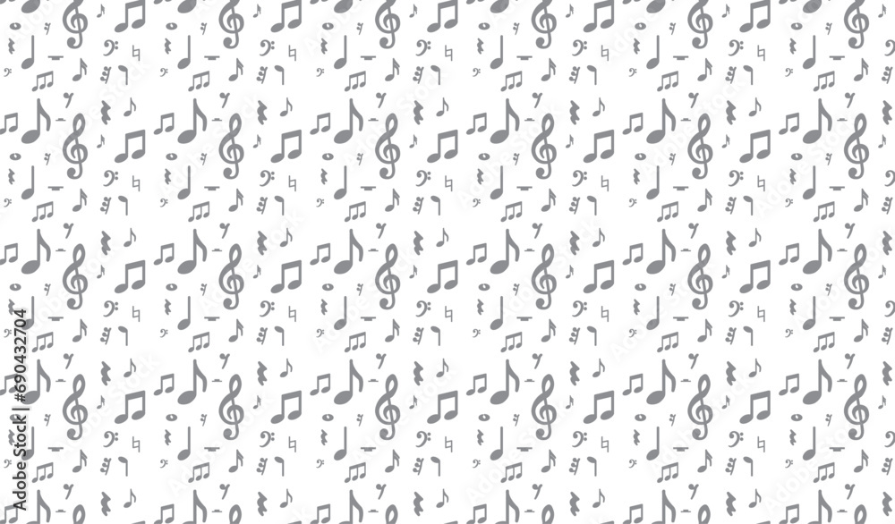 Seamless pattern design. Black musical notes in rounded corner style on transparent background, Pattern included swatches. - obrazy, fototapety, plakaty 
