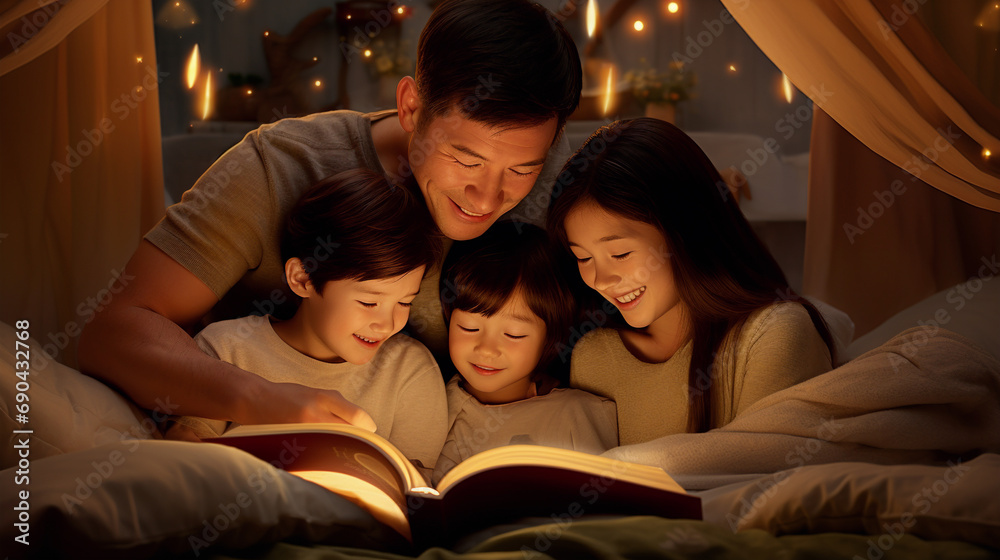Young family reading a book at home to children in room Young family reading a book at home to children in room